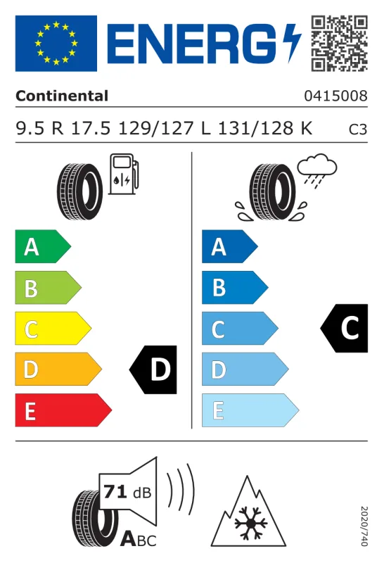 EU energiacímke - Continental 9.5R 17.5 131K TL LSC VA / M+S / 3PMSF