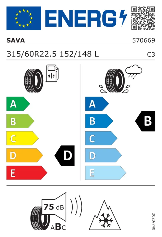 EU energiacímke - Sava 315/60 R22.5 ORJAK 5 [152/148] L TL M+S 3PMSF 152/148L