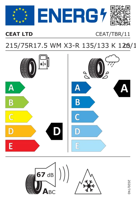 EU energiacímke - Ceat 215/75 R17.5 WINMILE-X3-R 16PR [135/133] K TL M+S 3PM 135/133K