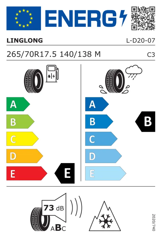 EU energiacímke - Linglong 265/70 R17.5 L-D20 16PR [140/138] M TL M+S 3PMSF 140/138M