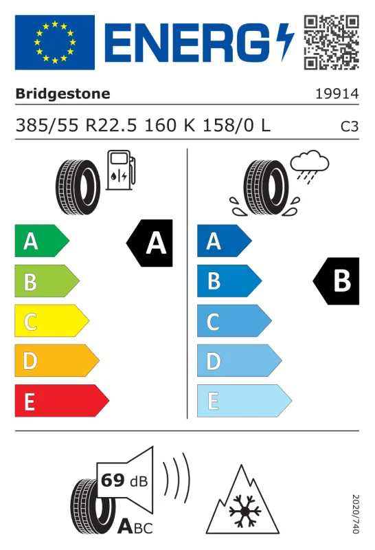 EU energiacímke - Bridgestone 385/55R 22.5 158L TL ECOPIA STEER VA / M+S / 3PMSF