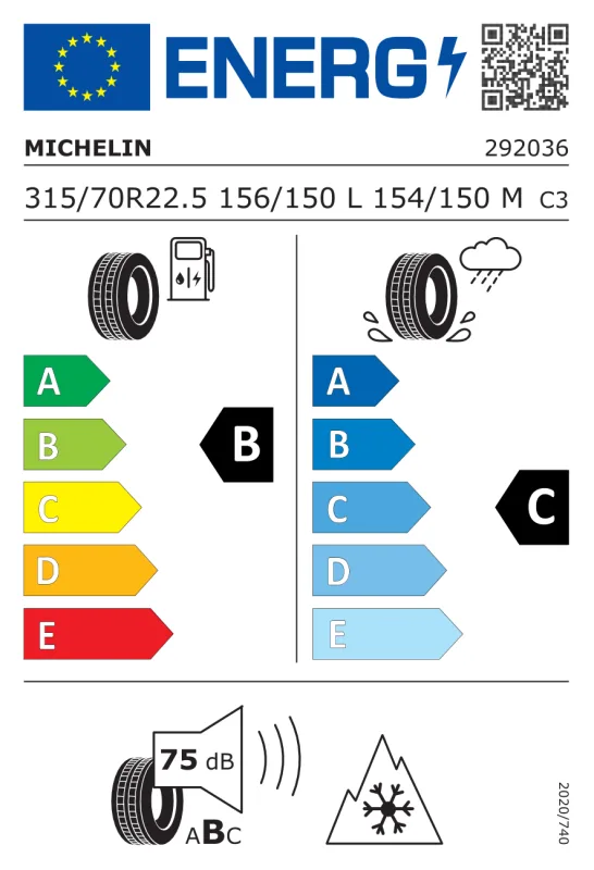 EU energiacímke - Michelin 315/70R 22.5 156L TL X MULTI EN. D2 HA / M+S / 3PMSF