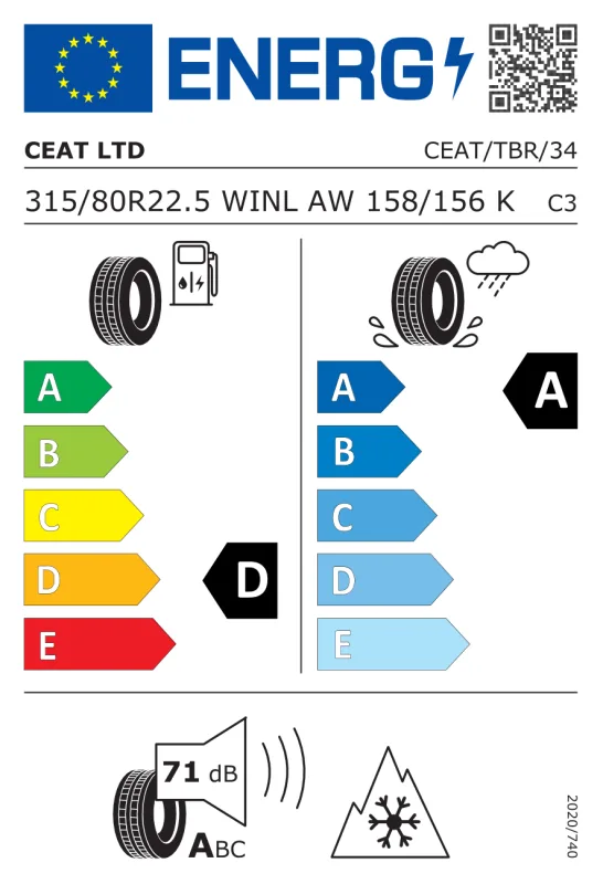 EU energiacímke - Ceat 315/80 R22.5 WINLOAD-AW [158/156] K TL M+S 3PMSF 158/156K
