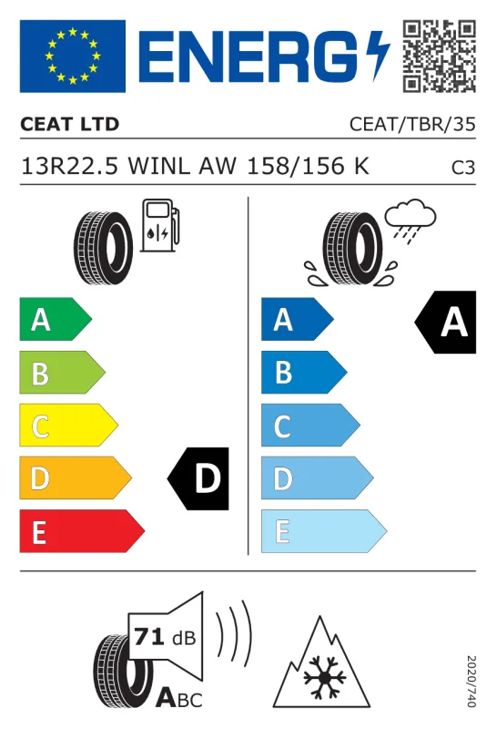 EU energiacímke - Ceat 13 R22.5 WINLOAD-AW [158/156] K TL M+S 3PMSF 158/156K