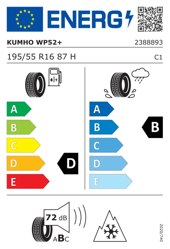 EU energiacímke - Kumho 195/55R16 87H WINTERCRAFT WP52+ 87H