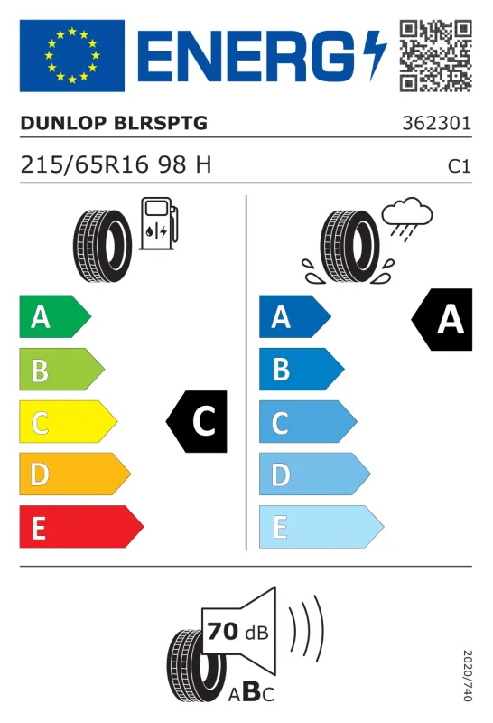 EU energiacímke - Dunlop 215/65 R16 BLUE RESPONSE TG [98] H 98H