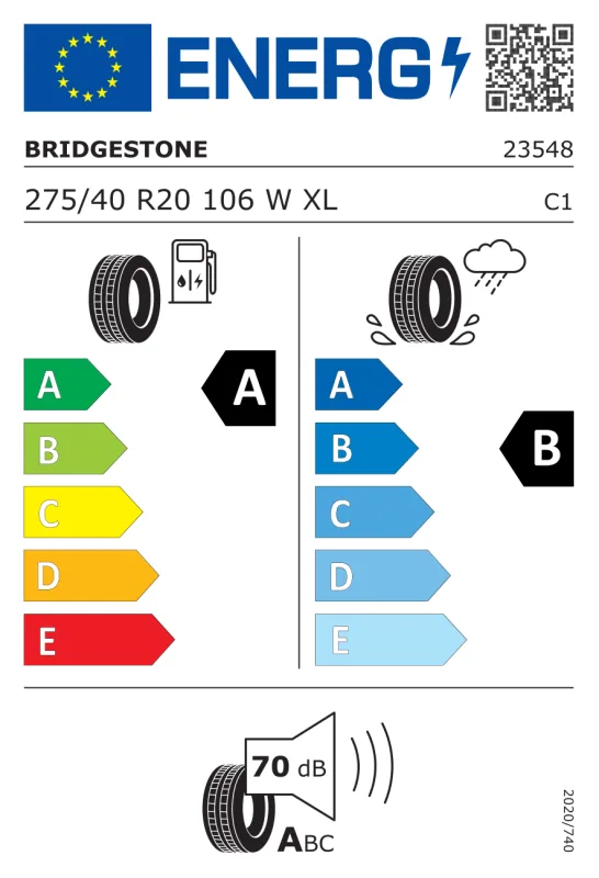 EU energiacímke - Bridgestone 275/40 R20 ALENZA 1 [106] W XL FR * DOT2024 106W