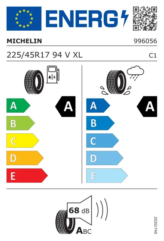 EU energiacímke - Michelin 225/45 R17 PRIMACY 4 [94] V XL S1 DOT2024 DEMO 94V