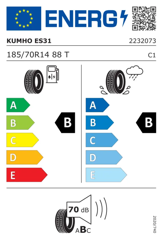 EU energiacímke - Kumho 185/70R14 88T ECOWING ES31 88T