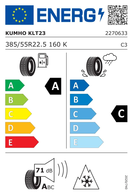 EU energiacímke - Kumho 385/55 R22.5 KLT23 20PR [160] K TL 3PMSF 160K
