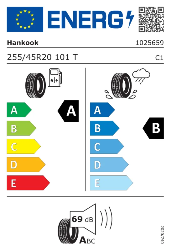 EU energiacímke - HANKOOK 255/45 R20 101T K127E VENTUS S1 EVO3 EV VW SEAL
