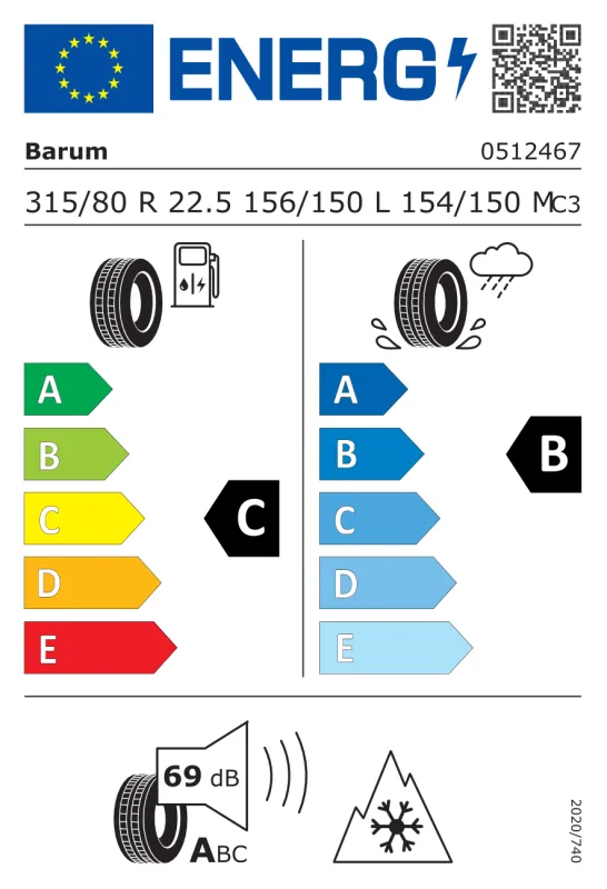 EU energiacímke - Barum 315/80 R22.5 BF200R 20PR [156/150] L TL M+S 3PMSF 156/150L