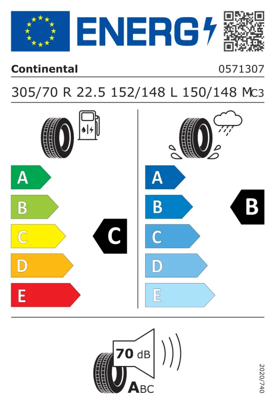 EU energiacímke - CONTINENTAL 305/70 R22,5 152/148M HSR1 TL 18PR KORM