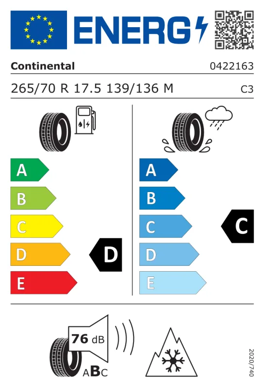 EU energiacímke - CONTINENTAL 265/70 R17,5 139/136M Conti Hybrid LD3 M+S 3PMSF TL HÚZÓ