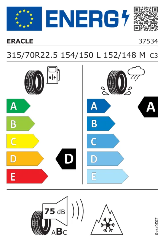 EU energiacímke - Eracle 315/70 R22,5 ER70-D 156/150L 3PMSF M+S TL (BY PIRELLI) 156/150LL