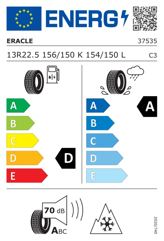EU energiacímke - Eracle 13 R22,5 ER80-S 156/150K 3PMSF M+S TL On/Off (BY PIRELLI) 156/150KK