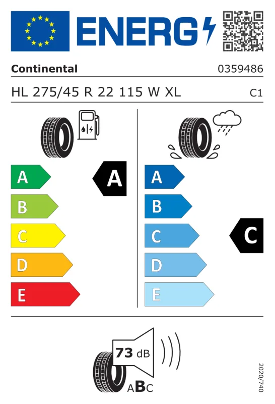 EU energiacímke - CONTINENTAL 275/45 R22 115W HL XL FR CROSSCONTACT RX LR M+S