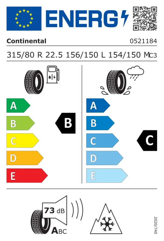 EU energiacímke - Continental 315/80 R22.5 CONTI ECOPLUS HD3+ 20PR [156/150] L TL M+ 156/150L
